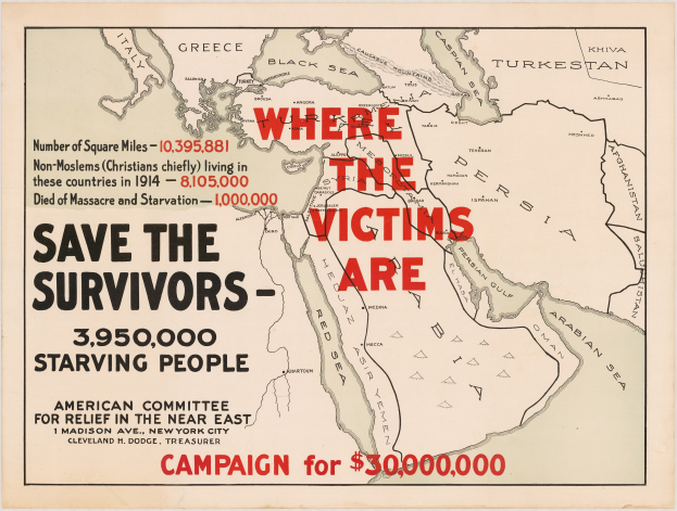 Plakat mit einer Weltkarte und dem Text "Wo die Opfer sind: Retten Sie die Überlebenden - 3.950.000 hungernde Menschen", das wahrscheinlich auf die Bewusstseinserhöhung für Hungersnot durch Krieg aufmerksam machen soll.