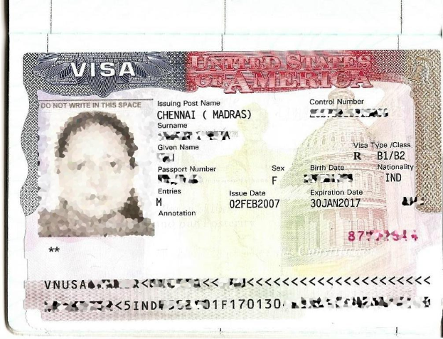 Falscher indischer Visumspass mit einem Frauenfoto, Text und Zahlen.