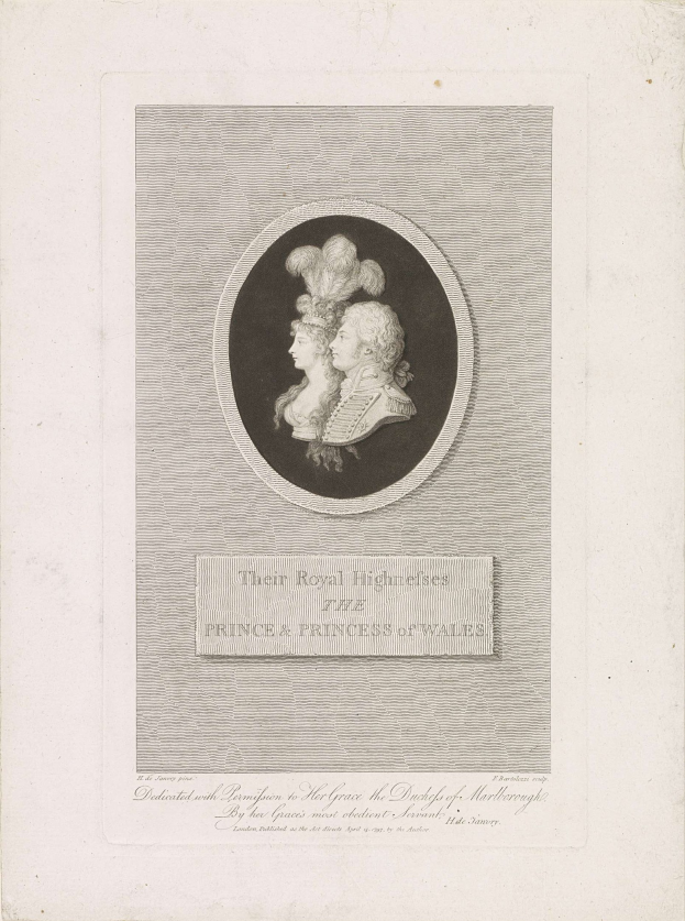 Schwarzes und weißes Bild eines Papiers mit einem Foto des Prinzen und der Prinzessin von Wales neben Text.