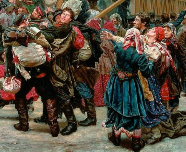 Gemälde, das eine lebhafte Szene von Menschen zeigt, die in traditioneller russischer Kleidung während der russischen Revolution tanzen und Gegenstände halten, vor einer Menge und einem Holzhaus.