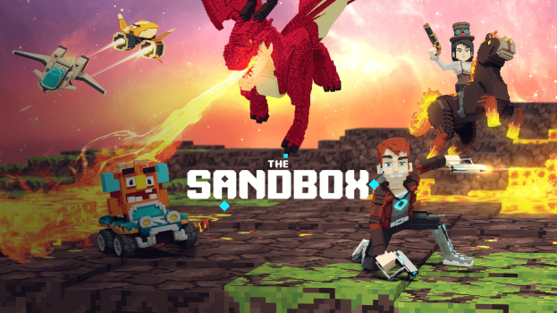 Animierte Szene mit Cartoon-Figuren, einem Fahrzeug, einer Person, einem Drachen und Flugzeugen, die vor einer Hintergrund von Feuer und Himmel fliegen, mit dem Text "The Sandbox - Free Download Full Version PC Game".