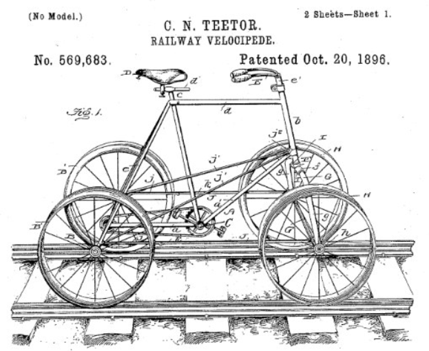 Detailed technical drawing of a velocipede (early bicycle) on a train track, part of a patent document with accompanying text and specifications.