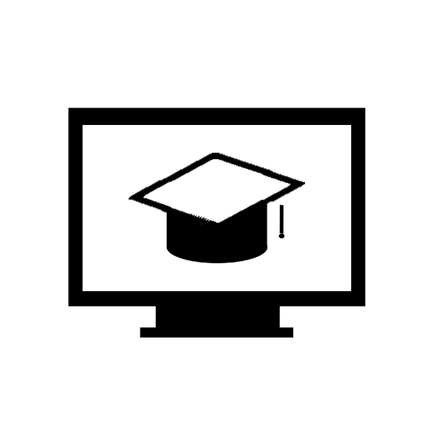 Schwarzer und weißer Abschlusshut auf einem Computerbildschirm, symbolisiert Online-Bildung.