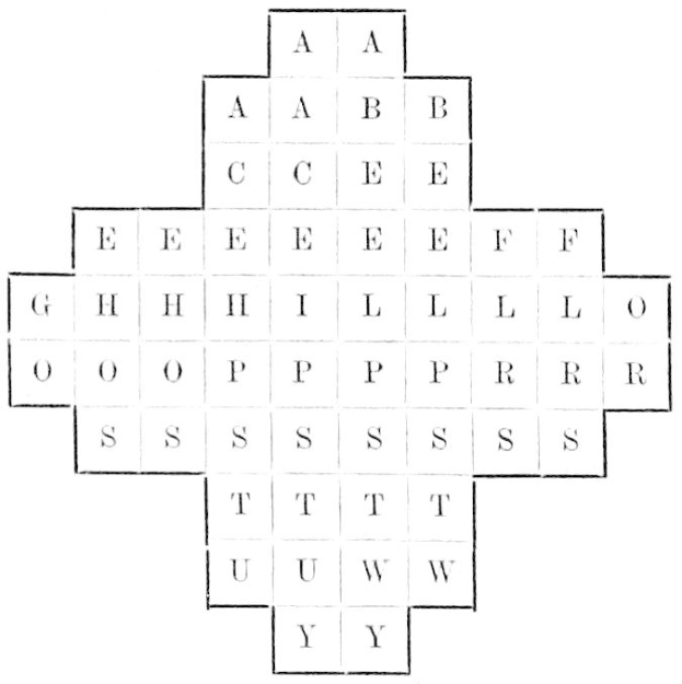 Schwarz-weißes Kreuzworträtsel-Gitter mit den Buchstaben A bis L und O in einem Muster aus dem frühen 20. Jahrhundert.