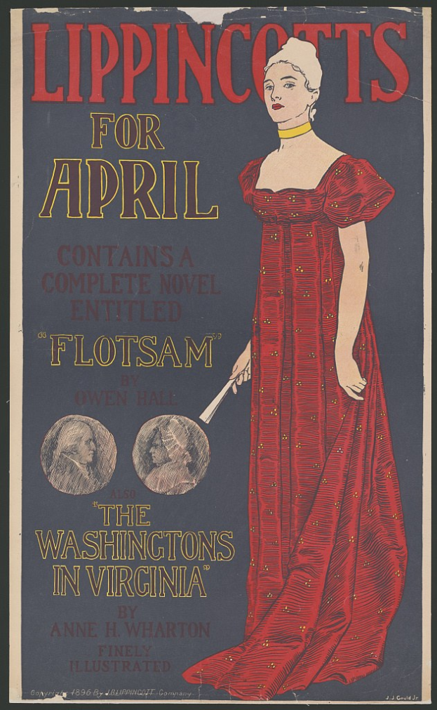 Plakat einer Frau in einem tiefroten Kleid mit einem sanften Ausdruck, Haar in einem ordentlichen Knoten, Hände verschränkt, vor einem hellblauen Hintergrund mit "Lippincott's für April" in fetter schwarzer Schrift oben.