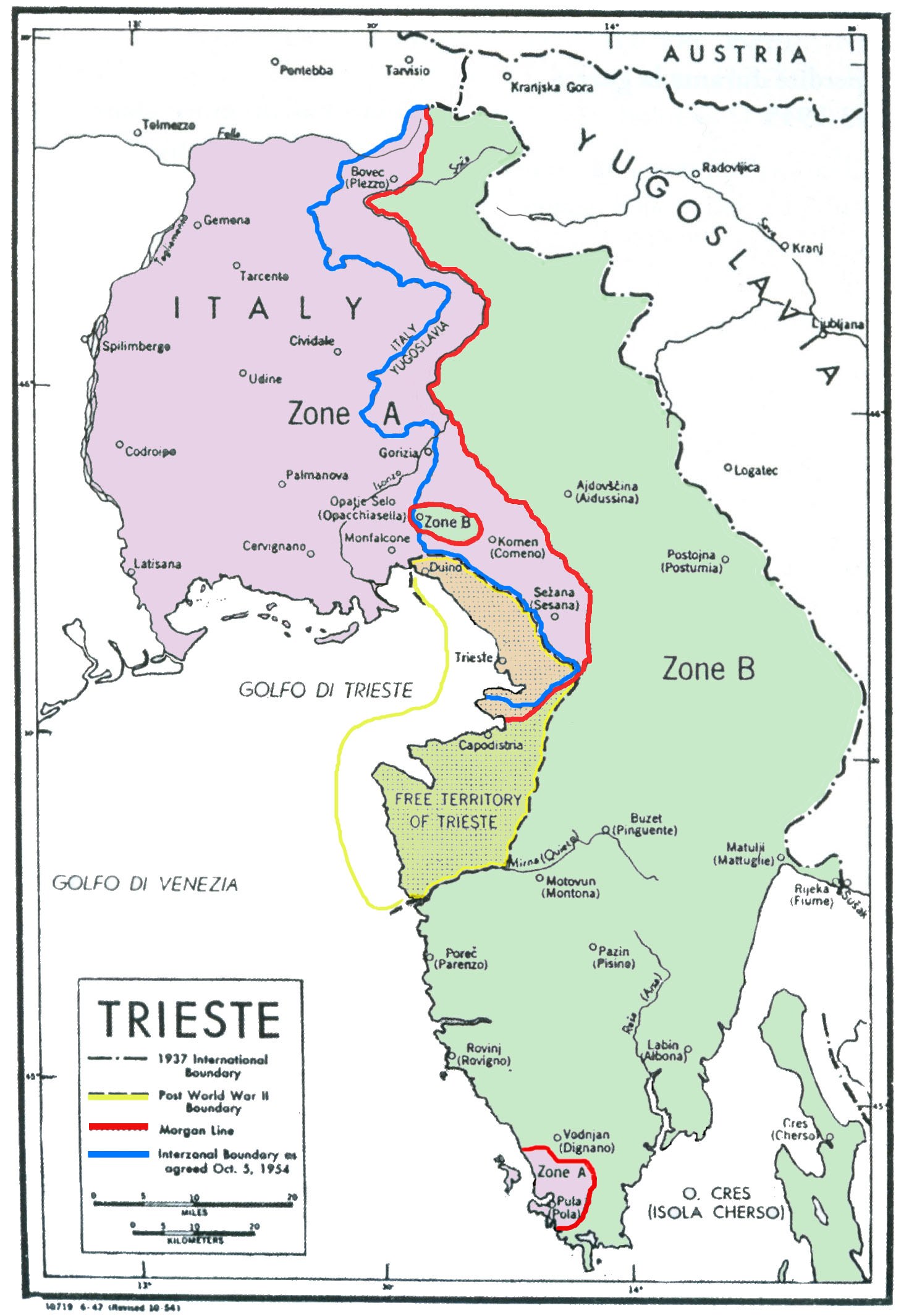 Ein Plakat mit einer Karte von Italien, auf der die Region Triest in verschiedenen Farben hervorgehoben ist, einschließlich Text über ihre wichtigsten Städte, Flüsse und geografische Merkmale.