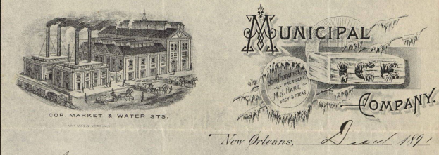 Schwarz-weiß-Illustration einer alten städtischen Unternehmenswerbung in New Orleans, die ein Gebäude mit Werbetext zeigt.