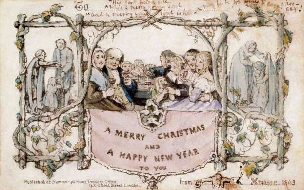 Gruppe von Menschen in festlicher Kleidung um einen Tisch versammelt unter einem Banner mit der Aufschrift "Fröhliche Weihnachten und ein glückliches neues Jahr", die lächeln und die Feiertage feiern.