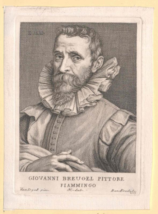 Portrait of Giovanni Breugel Pittore in a framed image with a ruffled collar and beard, text at the bottom.