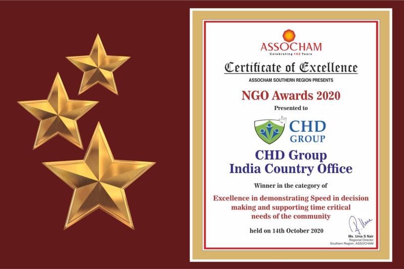 Auszeichnung für den NGO-Awards 2020, mit dem Text 'Chd Group India Country Office' und einem Schild-Logo mit einem zentralen Stern und einem Lorbeerkranz.