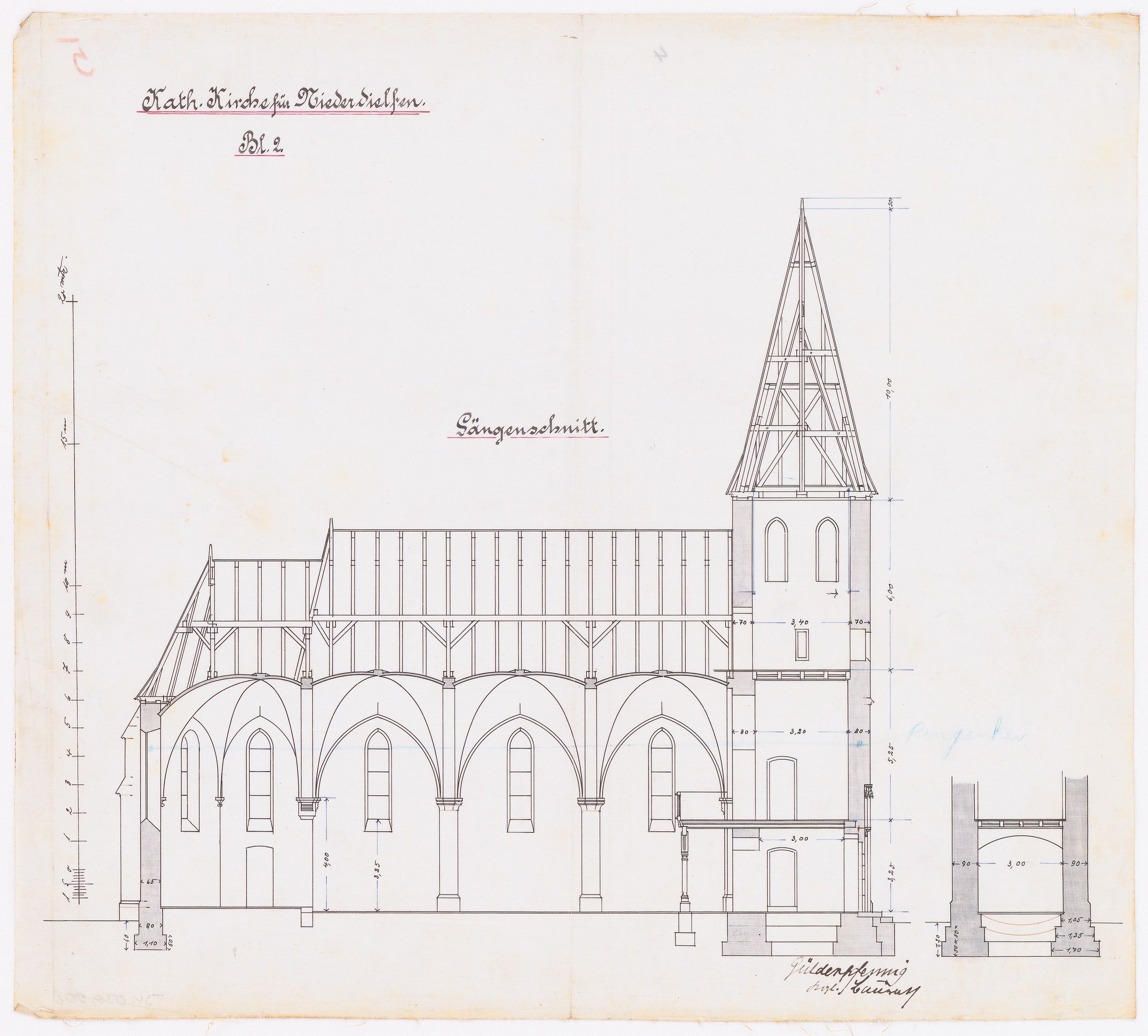 Black and white drawing of a church with a steeple and clock tower on a piece of paper with handwritten text.
