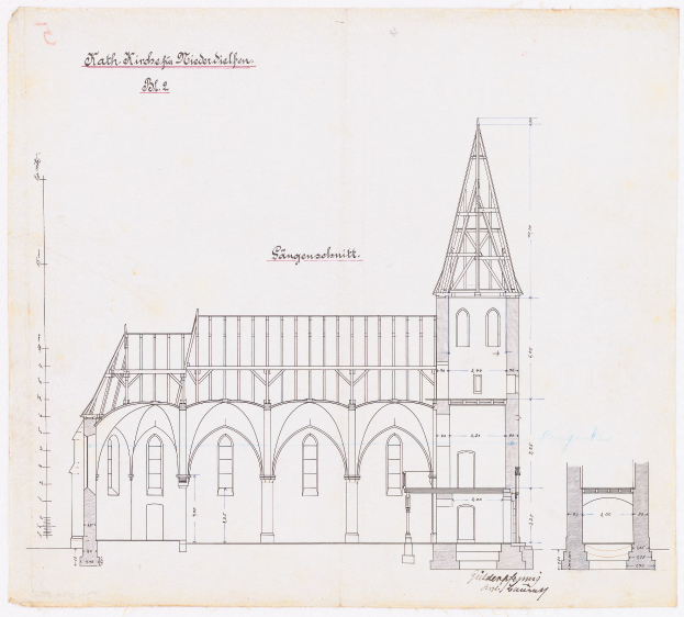 Black and white drawing of a church with a steeple and clock tower on a piece of paper with handwritten text.