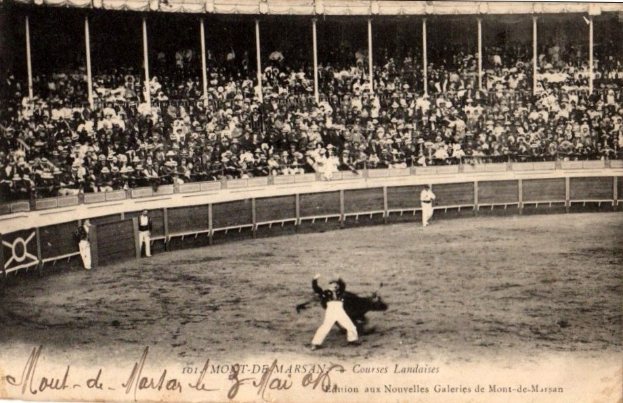 Altes Schwarz-Weiß-Foto eines Baseball-Spiels in einem Stadion mit Zuschauern, einem Zaun, Pfosten, einem Dach und Deckenlampen, mit Text unten.