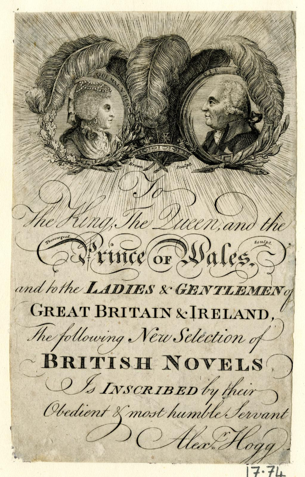 Ein altes Buchcover mit einem gekrönten Mann und einer bewundernden Frau, mit Text, der "Der König, die Königin und der Prince of Wales und an die Ladies und Gentlemen von Großbritannien und Irland" lautet.