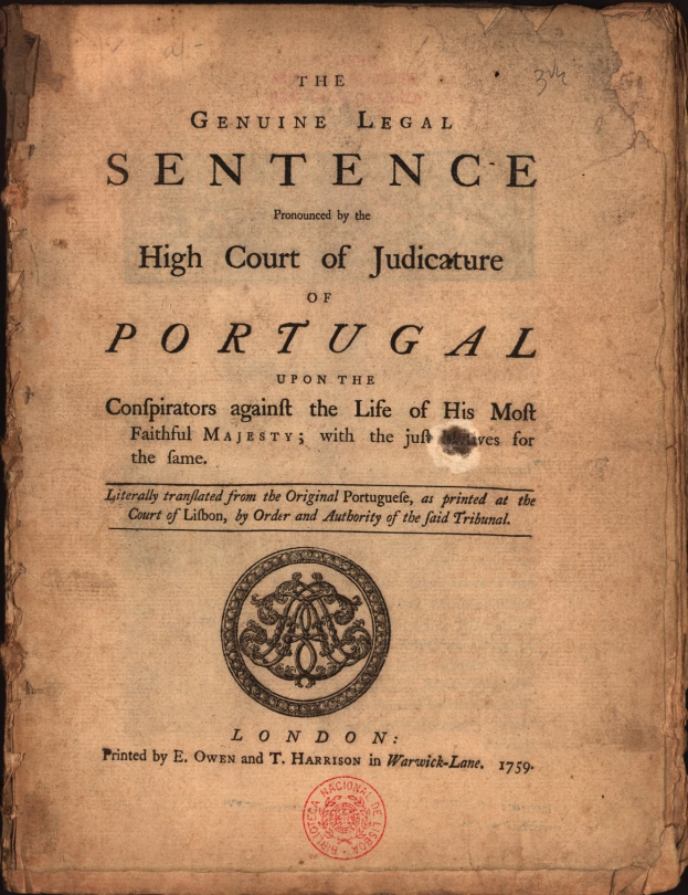 Altes Buch mit schwarzem Hintergrund, Stempel und Text, der "Das genuine Urteil des Hohen Gerichts der Justiz von Portugal" liest.