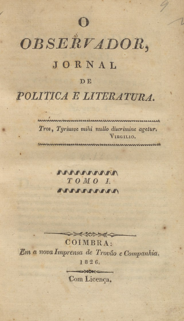 Old book titled "Observador, Jornal de Política e Literatura" with yellowed, aged pages and worn cover in cursive font.