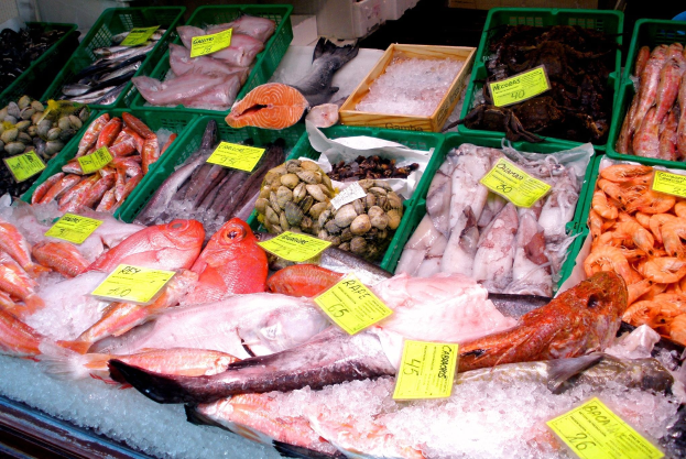 Ein Fischmarkt-Vitrinenregal mit verschiedenen Fischsorten auf Eis, die in Tabletts mit Preisschildern angeordnet sind, und Kartons im Hintergrund.