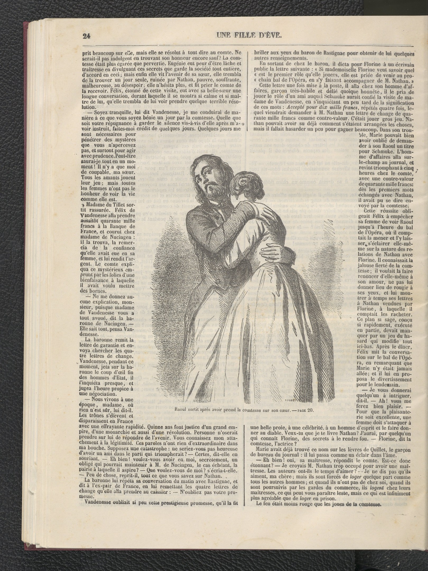 Open book with an illustration of a man in a suit and a woman embracing, surrounded by visible text.