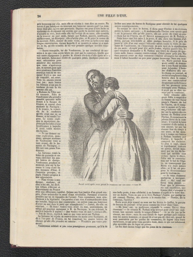 Open book with an illustration of a man in a suit and a woman embracing, surrounded by visible text.