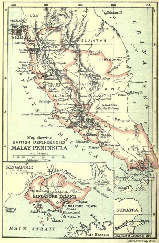 Alte Karte von Malaysia mit Text und Zahlen, die die britischen Dependancys hervorheben.