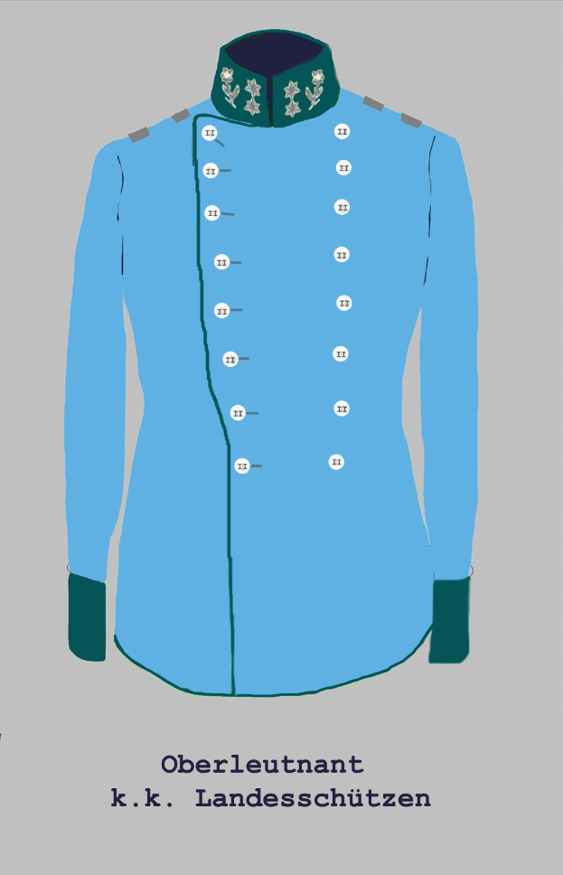 Poster of a blue military uniform with a green collar and cuffs, featuring buttons and a belt with a buckle, labeled "Oberleutnant K.K. Landeschützten".