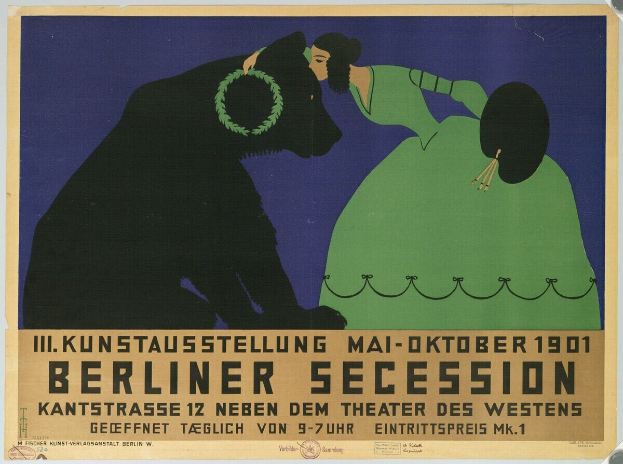 Plakat der Berliner Secession mit einer Frau in grüner Robe und einem Mann in schwarzem Anzug, mit Text zur Beschreibung des Ereignisses.