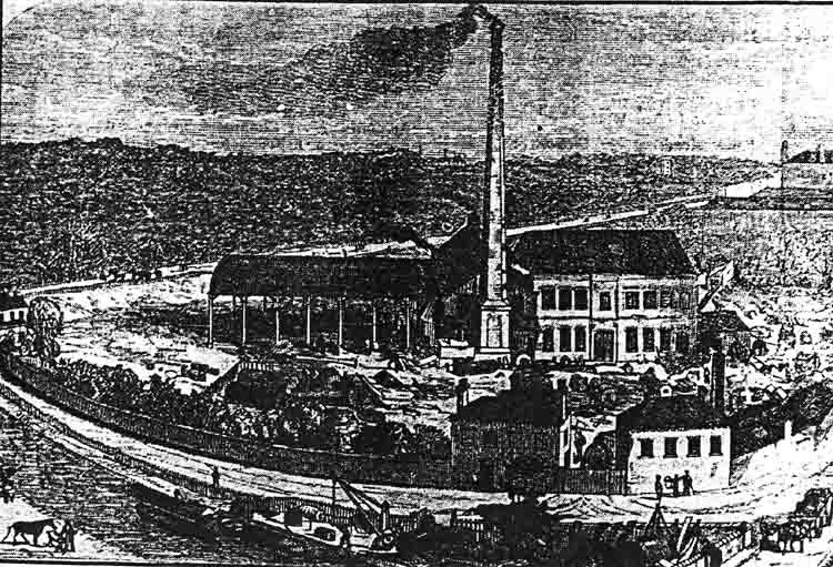 Eine Schwarz-Weiß-Zeichnung einer Fabrik in einem Feld mit Gebäuden, Bäumen und einem Mast im Vordergrund und Text unten, der 'The New York State Penitentiary' lautet.