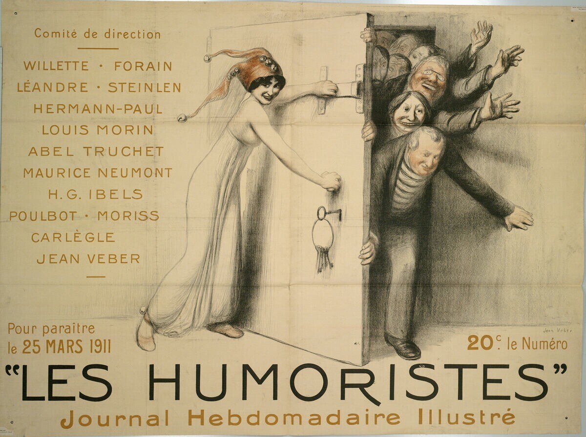 A colorful poster on a building wall titled "Les Humoristes Journal Hebdomadaire Illustré" featuring a group of joyful, laughing people.