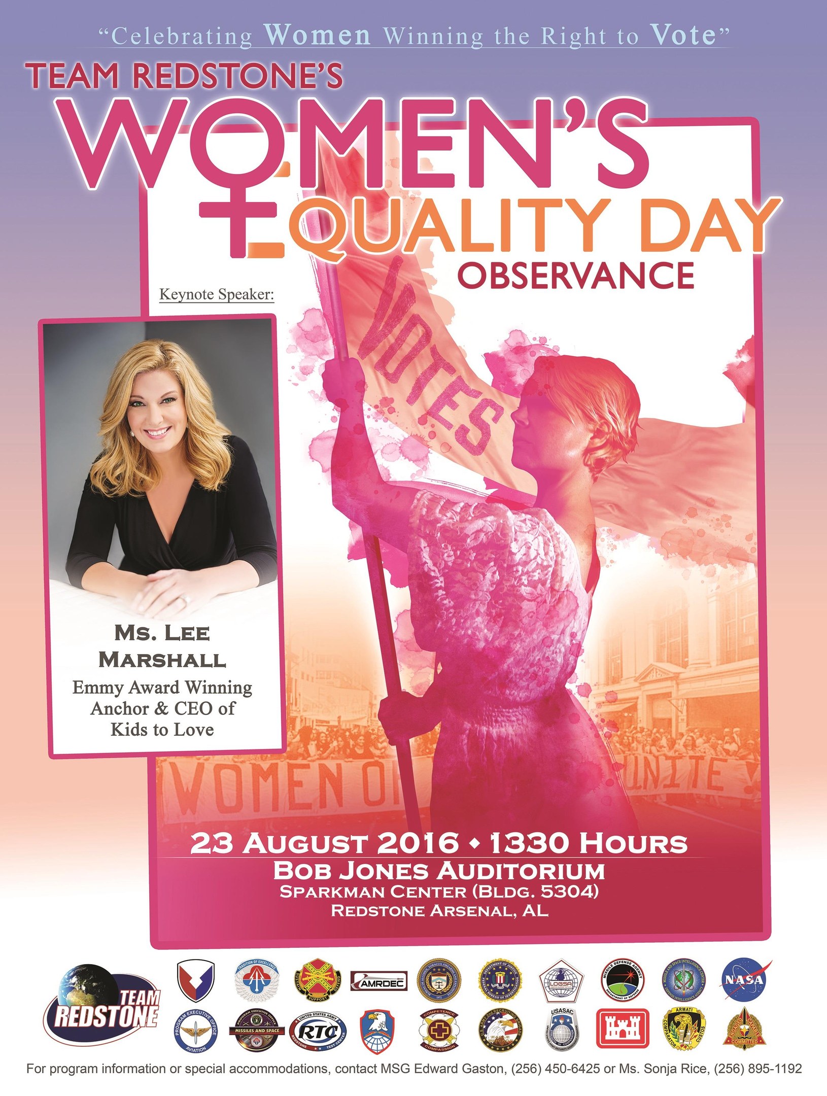 Poster for Team Redstone's Women's Equality Day observance with a woman holding a "Women's Equality" flag, logos, and event details at the bottom.
