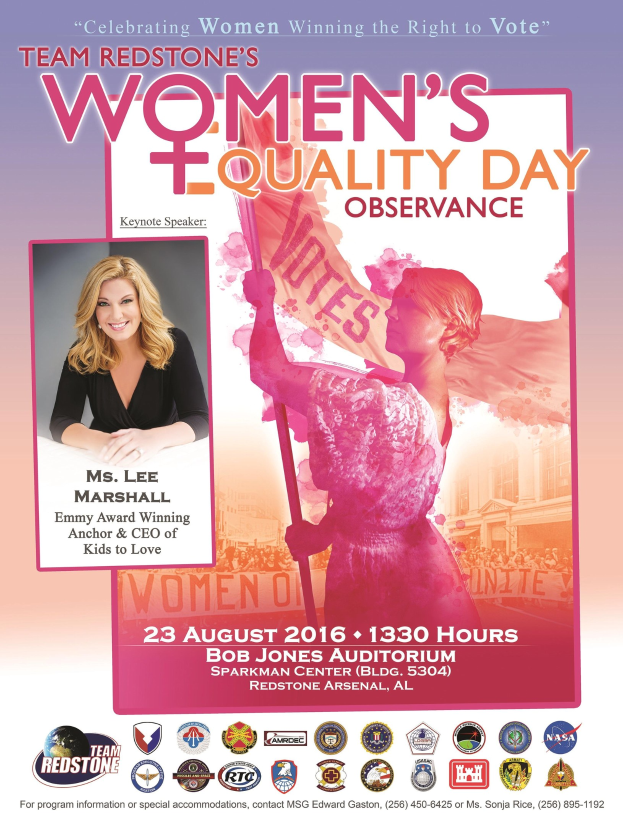 Poster for Team Redstone's Women's Equality Day observance with a woman holding a "Women's Equality" flag, logos, and event details at the bottom.