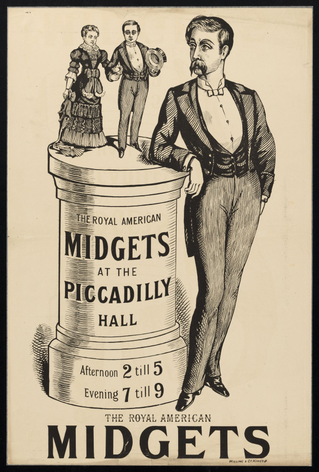 Plakat für die Royal American Midgets im Piccadilly Hall mit einem Mann im Anzug und einer Frau im Kleid, sowie Veranstaltungstext.