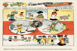 Eine Zeitungsseite aus der St. Louis Post-Dispatch Funny Side, die farbenfrohe, humorvolle Illustrationen von Menschen, Tieren und Gegenständen zeigt, mit verspieltem Text in einer märchenhaften Schriftart.