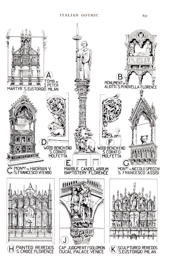 Gothic architecture poster with detailed sculptures and informative text.
