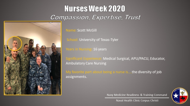 Gruppe von Menschen, die auf der linken Seite lächeln, mit einer Wand und Decke im Hintergrund und Text, der "Nurses Week 2020: Mitgefühl, Expertise, Vertrauen" lautet, zusammen mit einem Logo auf der rechten Seite.