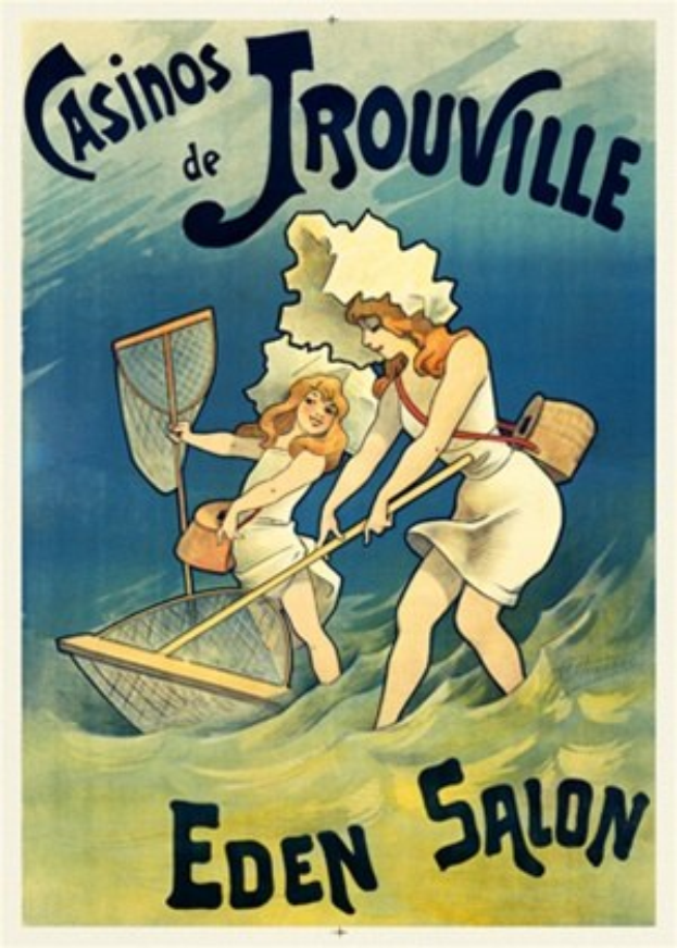 Vintage-Plakat, das die "Casinos de Trouville Eden Salon" bewirbt, mit zwei Frauen in einem Boot, eine hält ein Netz, mit gedämpften Farben und klassischer Typografie.