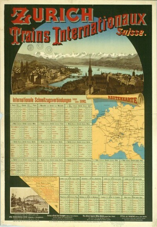 Plakatwerbung für Zürich Trains Internationalaux mit einer Karte von Zürich, Gebäuden, Wasser, Bergen und Text.