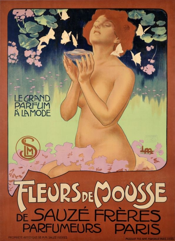 Plakat für Fleurs de Mousse von Alphonse Mucha, das eine Frau zeigt, die ein Glas des Dufts hält, mit Werbetext.