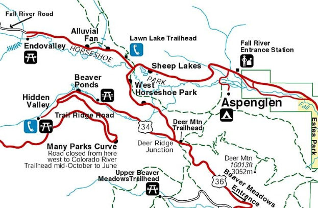 Detailierte Karte des Aspen Trails in Colorado, zeigt Wanderwege, Landmarken, Straßen und Punkte von Interesse mit Text, der Start-/Endpunkte, Dauer und geschätzte Vollendungszeit angibt.