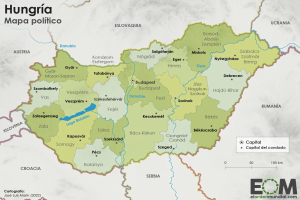 Detailierte politische Karte von Ungarn, die Städte, Flüsse und geografische Merkmale zeigt, mit Text und einem Logo in der rechten unteren Ecke.