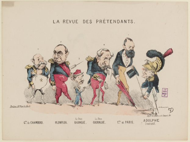Cartoon-Illustration einer Gruppe von Menschen in historischer Kleidung, einige mit Hüten und Capes, mit Kleidern in verschiedenen Farben und dem Text "la revue des pretendants" in fetter Schrift darüber.