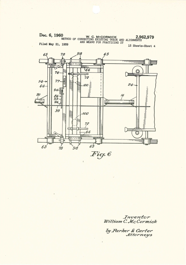 Black-and-white line drawing of a patented track correction machine with accompanying text and numerical annotations.