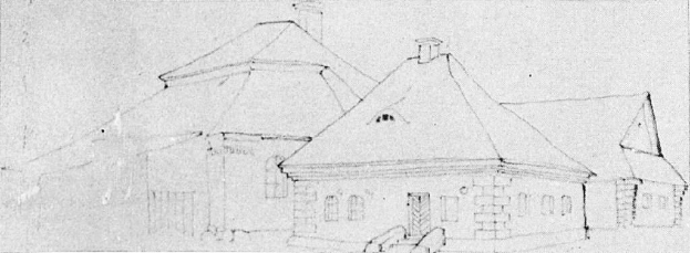 Schwarzes und weißes detailliertes Zeichnung eines Hauses mit einem geneigten Dach, das als erstes Haus der Russischen Föderation gilt, einschließlich sichtbarer Dach- und Wände.