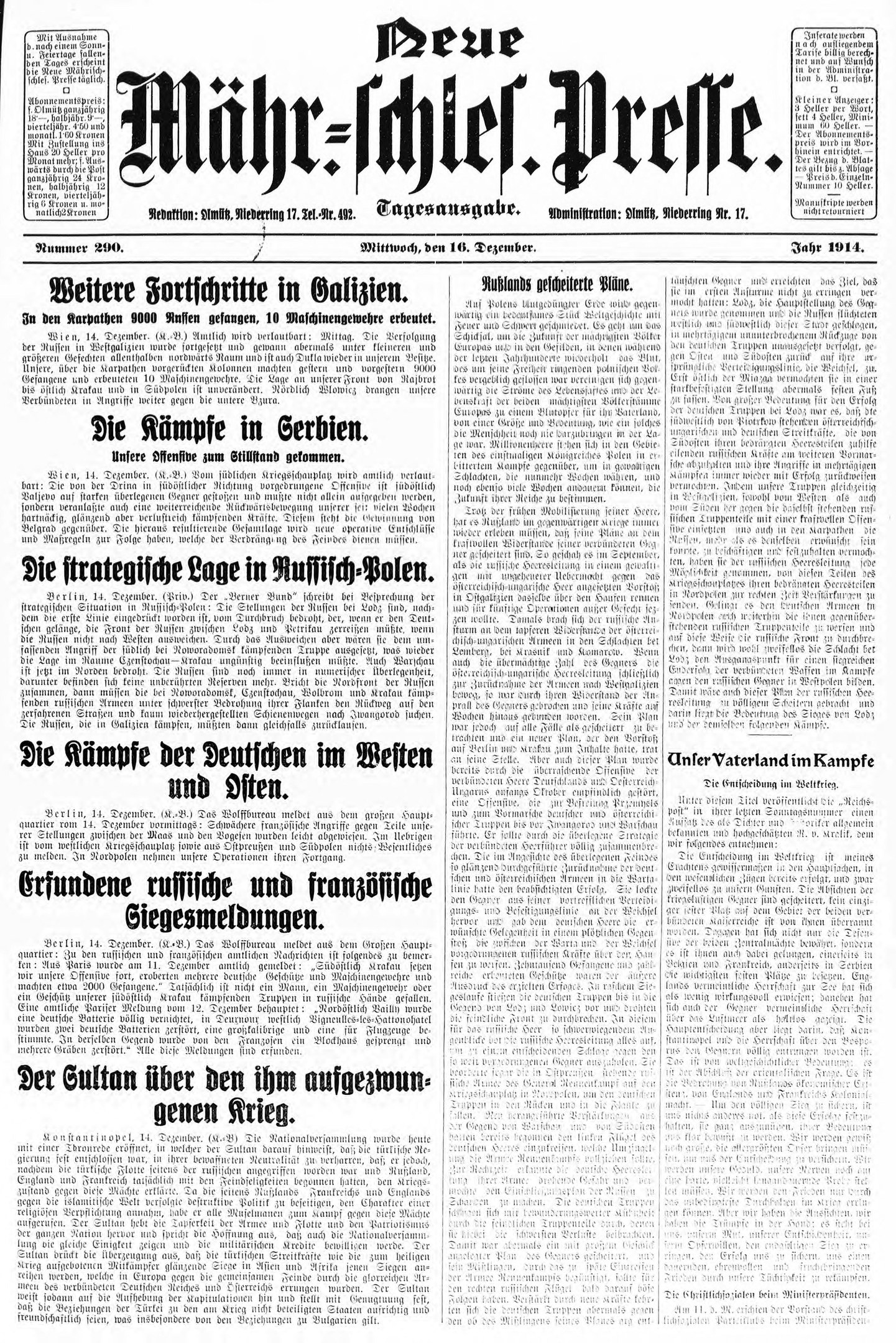 Schwarze und weiße Titelseite einer deutschen Zeitung mit der Überschrift "Deutsches Reichstag, Vol 1, No 1, September 18, 1914", die ein Bild eines Mannes in Anzug und Krawatte zeigt.