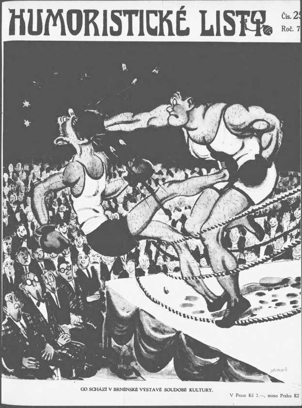 Schwarzer und weißer Cartoon von zwei Boxern im Ring mit einer Menge, beschriftet mit 'humoristische Liste - tschechoslowakische Zeitung' oben und unten.
