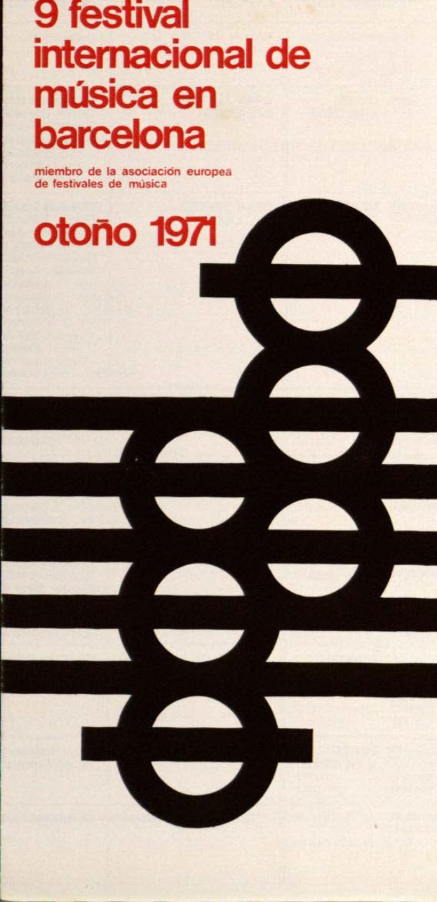 Plakat für das 9. Internationale Musikfestival in Barcelona, Spanien, 1971, das Text- und numerische Details über das Ereignis anzeigt.