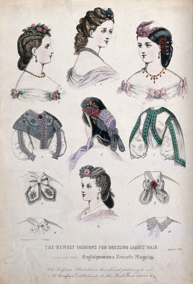 Ein Papier mit dem Titel "Die neuesten Moden für die Frisur von Damen" mit Abbildungen von Frauen in verschiedenen Kleidern und Frisuren, mit leuchtenden bis gedämpften Farbpaletten.