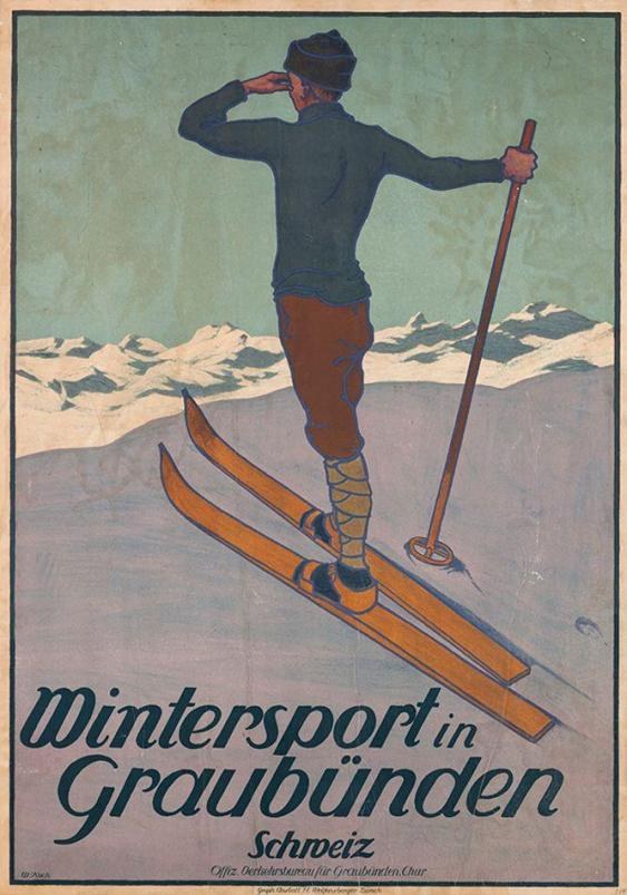 Ein Plakat, das einen Wintersport in Graubünden, Schweiz, bewirbt, zeigt eine Person auf Skiern mit einem Stock, vor verschneiten Bergen und einschließlich Text.