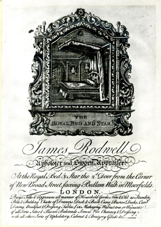 Komplexer Werberahmen für James Rodwells Royal Bed and Star mit fettem Text auf einem hellblauen Hintergrund.