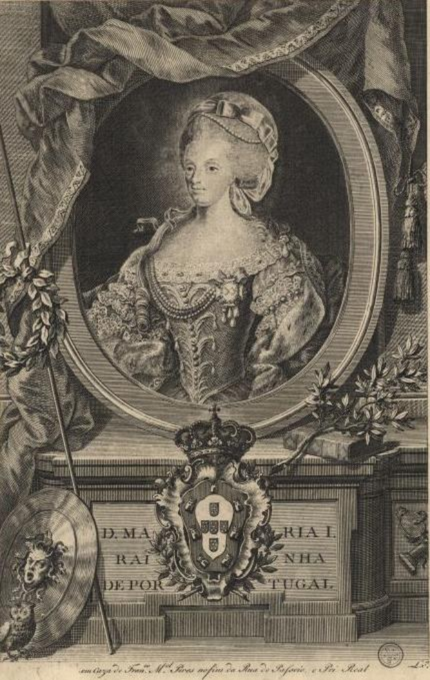 Gravur von Maria Feodorovna von Portugal in einem Kleid mit einer Krone, umgeben von Blättern und Gegenständen, mit Text unten.