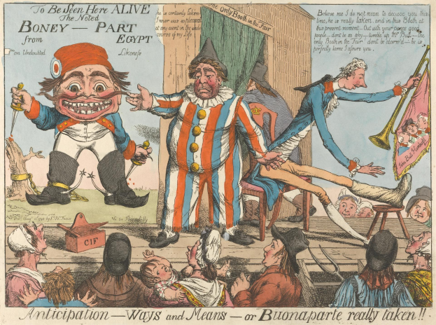 Cartoon-Poster, das einen Clown in Kostüm zeigt, der von einer Gruppe von Menschen angegriffen wird, mit einem menschlichen Gesicht in der Mitte und humorvollem Text.